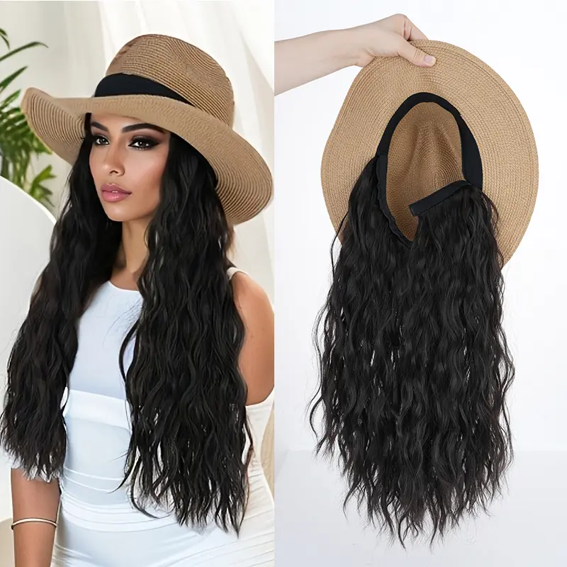 16inch Straw Sun Hat with Hair Extension Wavy Curly Wig Adjustable Cap Detachable Hairpiece, Synthetic Hair Versatile Summer Beach Cap with Hair Extension For Summer Travel