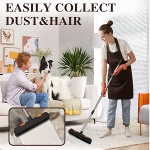 49inch Long Handle Pet Rubber Broom, Soft Push Broom for Fluff Carpet, Hardwood, Tile, Window, Portable Detailing Lint Remover (Black)