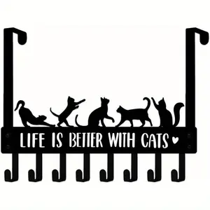 Over-The-Door Black Cat Hanger with 8 Hooks Adorable Wall-Mounted Organizer for Home