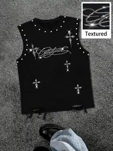 Men's Round Neck Sleeveless Casual Hip Hop Vest Tank Top, Letter Cross Water Drill Graphic Design, Wide Shoulder Studs, Summer Spring Wear, Comfortable Daily Use Menswear