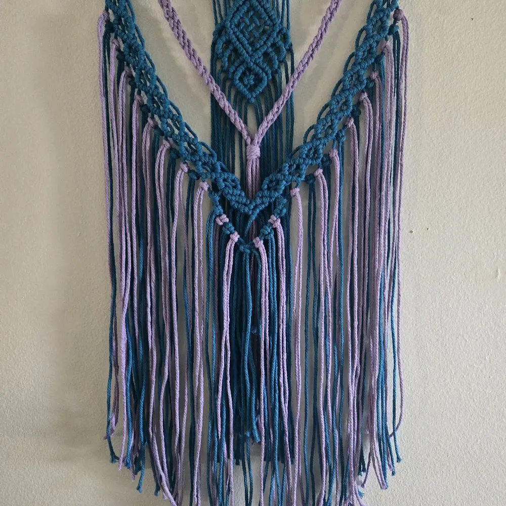 Blue and Lavender Handmade Macrame Wall Hanging with Fringe for Home Decor
