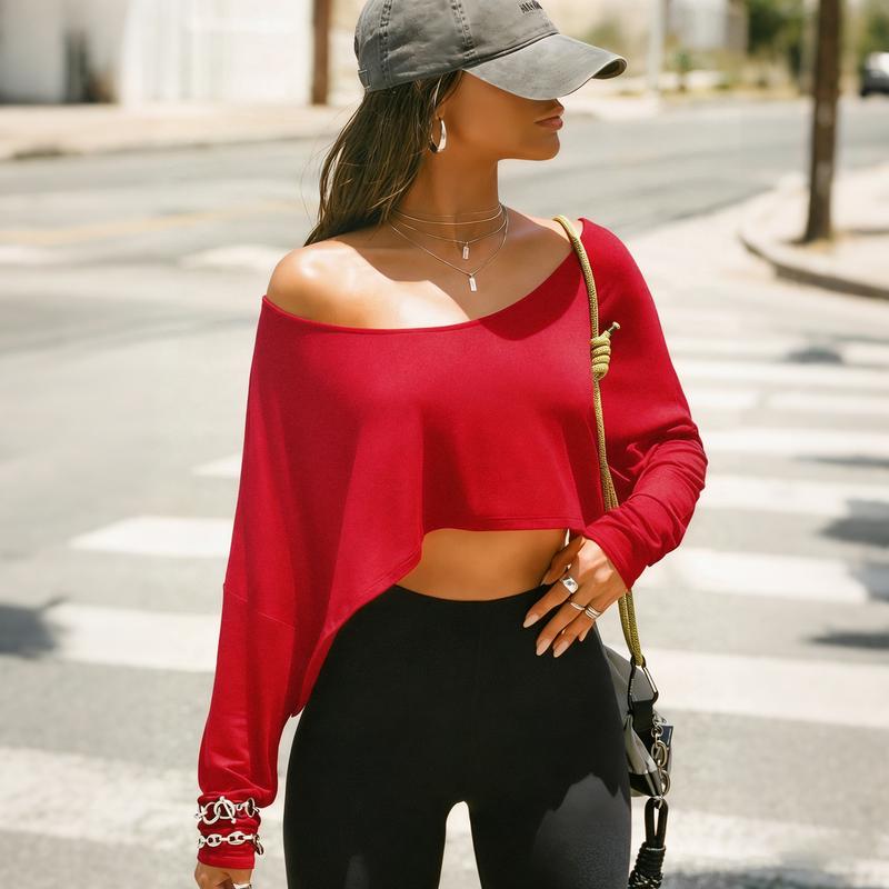 Fisoew Womens Off Shoulder Cropped Tops Batwing Long Sleeve Loose Fit Summer Boat Neck Workout T Shirts