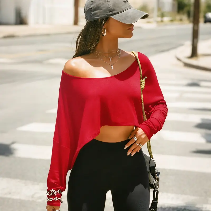 Fisoew Womens Off Shoulder Cropped Tops Batwing Long Sleeve Loose Fit Summer Boat Neck Workout T Shirts