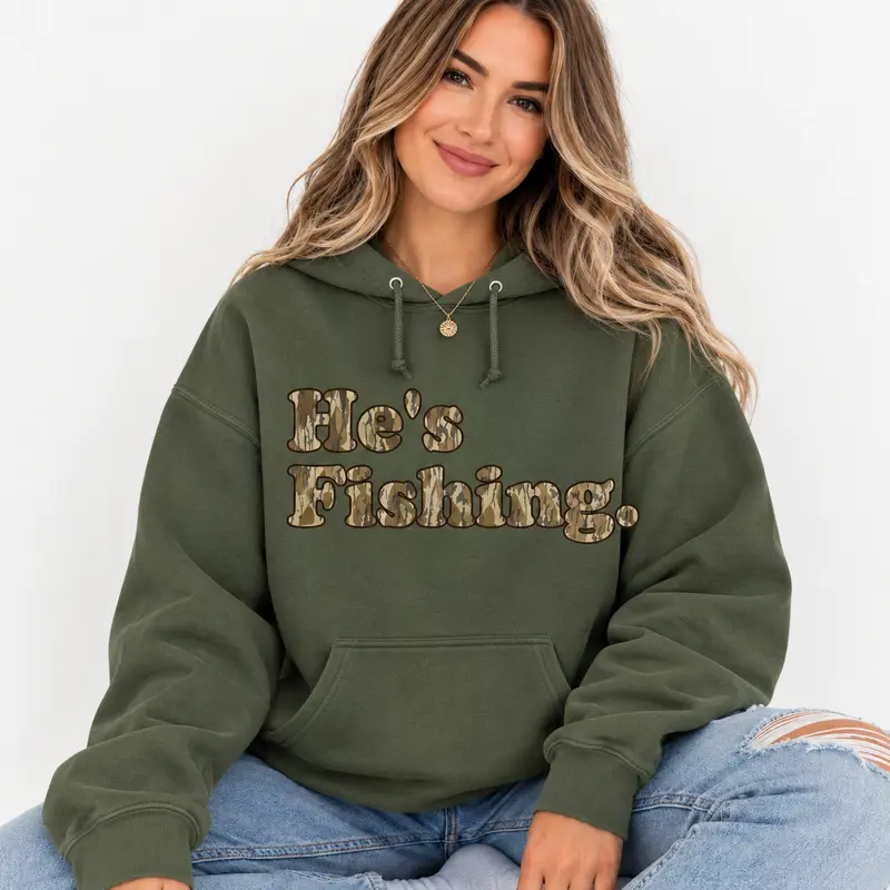 Bottomland Camo Pattern He's Fishing Pullover Hoodie, Camo Fishing Wife Mom Sweater, Outdoor Fishing Gifts