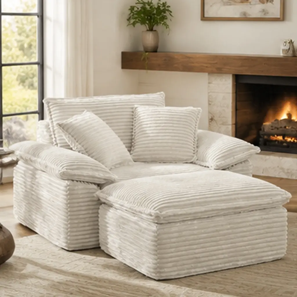 Oversized Sofa Chair and a Half with Deep Seat & Movable Ottoman Set, Cloud Sofa Bed with Chaise, 1-Seater Modular Sectional Sleeper Couch for Living Room, No Assembly Teddy-Fleece Corduroy Beige, Beige Color Options, Corduroy Material