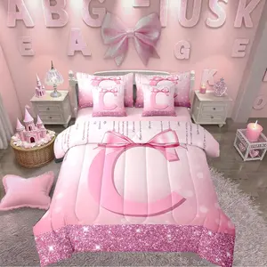 Kids Pink Bowknot 7 Pieces Bedding Set,Teens Girls Princess Initial Comforter Bed Set with Sheets,Monogrammed Glitter Bow Bed Bag,Personalized Bed Set