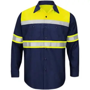 Two-tone long-sleeve safety work shirt, reflective work uniform made of 100% pure cotton, yellow navy blue, with high-definition tape, suitable for men’s autumn striped uniforms.