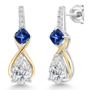 925 Sterling Silver & 10K Yellow Gold IGI Certified Lab Grown Diamond & Blue Created Sapphire Dangle Earrings For Women | 2.93 Cttw | Pear Shaped Diamonds Each 1 Ct | E-F Color | VS1-VS2 Clarity