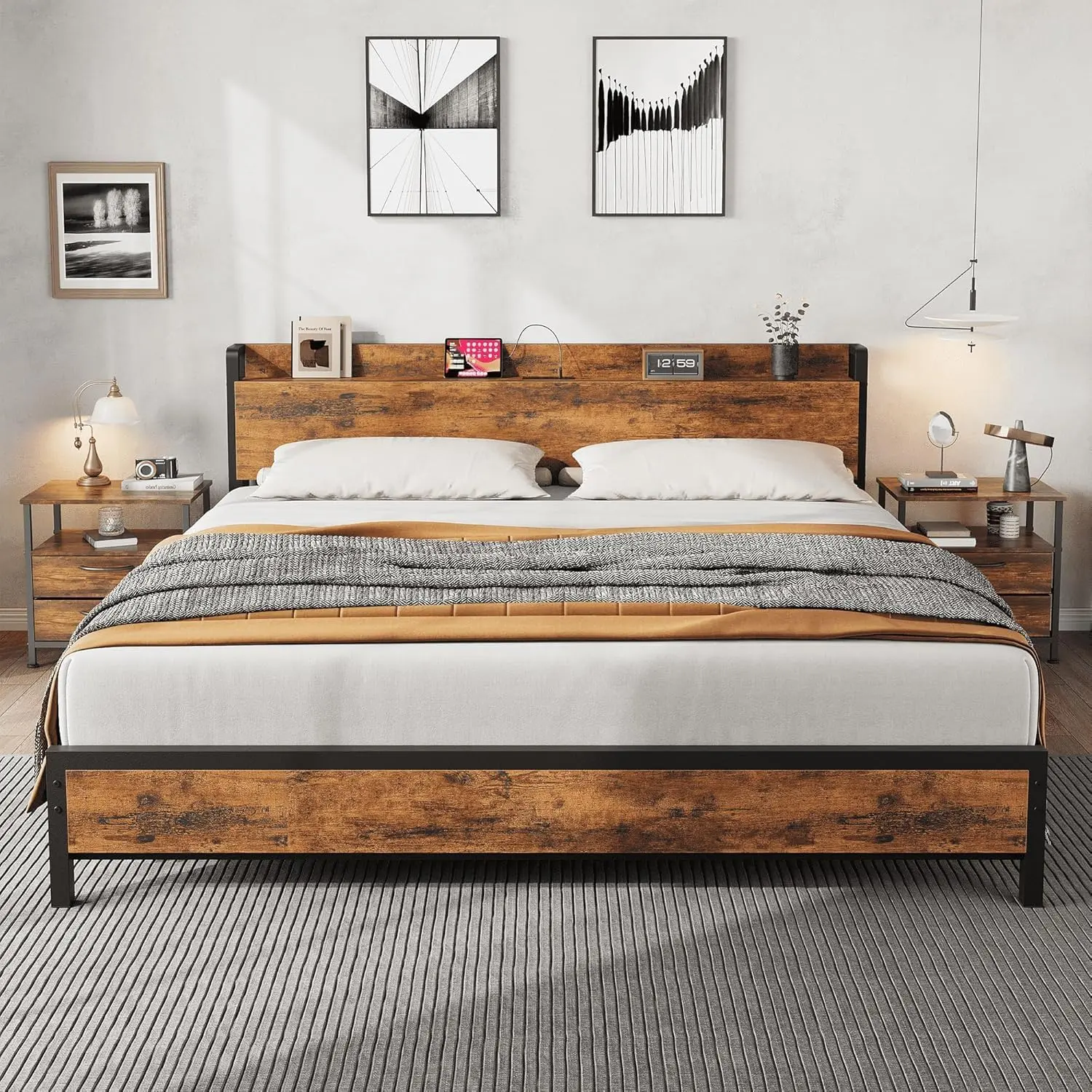 King-Size Bed Frame with Wood-Tone Wooden Headboard & Footboard, Heavy-Duty Metal-Steel Construction, Built-In Charging Station (2 USB Ports, 2 AC Outlets), No Box Spring Needed, Easy to Assemble, Metal Bed Frames, Wood-Tone Bed Frames