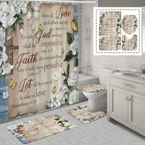 Floral & Letter Pattern Bathroom Restroom Set, 1 Set Including Shower Curtain, U-shaped Mat, Toilet Lid Cover & Toilet Mat, Bathroom Decoration Accessories for Home Decor, Shower Curtain Sets