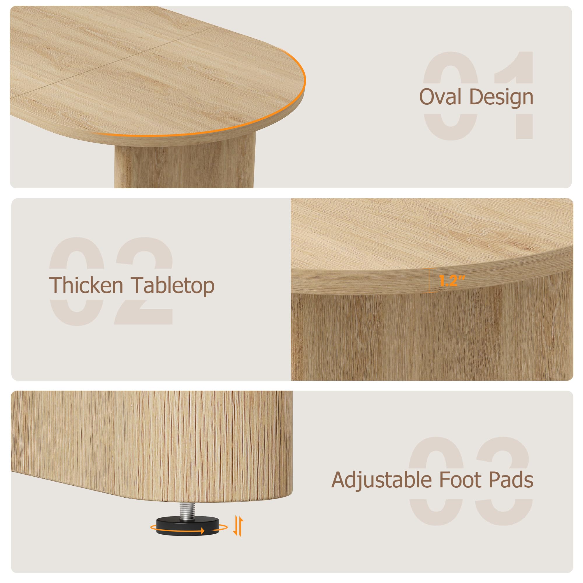 Modern Farmhouse Oval Dining Table ONLY TABLE, Seats 6-8, 70.8 Inch, Thick Sturdy Wooden Base, Spacious Tabletop for Dining Room, Kitchen and Living Room, Available in Classic Gray, Natural, Black, Farmhouse Style Table, 70.8X35.43"