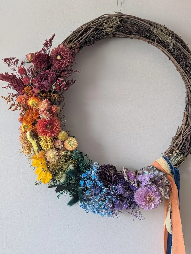 Rainbow Dried Flower Wreath: Vibrant Grapevine Decor with Ribbons