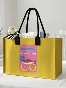 1 piece of sardine can pattern 2D printed large capacity storage bag, extra large storage bag, sturdy handle, space-saving multi-purpose, suitable for use at school, business trips, shopping, Lightweight Shopping Bag, Reusable Bag