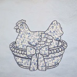 Hen On Nest Embroidered Look T-Shirt with Floral Design and Basket Pattern
