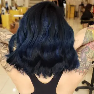 Mixed Dark Blue Curly Bob Wig with Bangs Short Wavy Color Wigs for Women Bob Style Synthetic Heat Resistant Bob Wigs Curly Brown