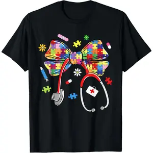 100%cotton Autism Awareness Nurse Bow Puzzle Stethoscope Nursing Women T-Shirt
