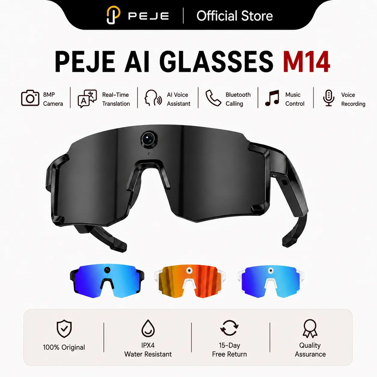 PEJE M14 AI Wearable Smart Glasses-8MP  Camera, with Photo and Video Recording, 139Language Real-Time Translation, AI Assistant, Object Recognition, Bluetooth Calling, Music Control, Outdoor Sports Sunglasses sport glass，hd voice call， Audio