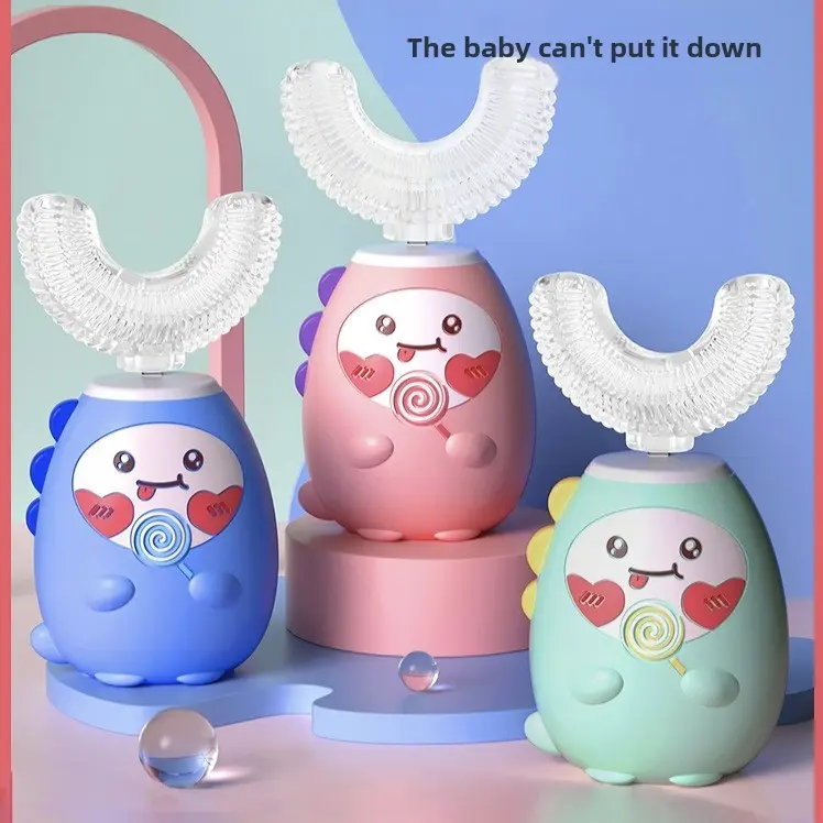 Kids' U-Shaped Cordless Electric Toothbrush Set - Battery-Powered Cordless Teeth Cleaner with Cute Little Dinosaur Design for Enjoyable Brushing Experience