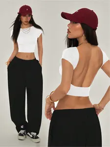  Casual Solid Color Versatile Petite Black Backless T-Shirt, Suitable For Summer Backless Shirts Tight Tops Backless Tops Fitted Tops Open Back Tops
