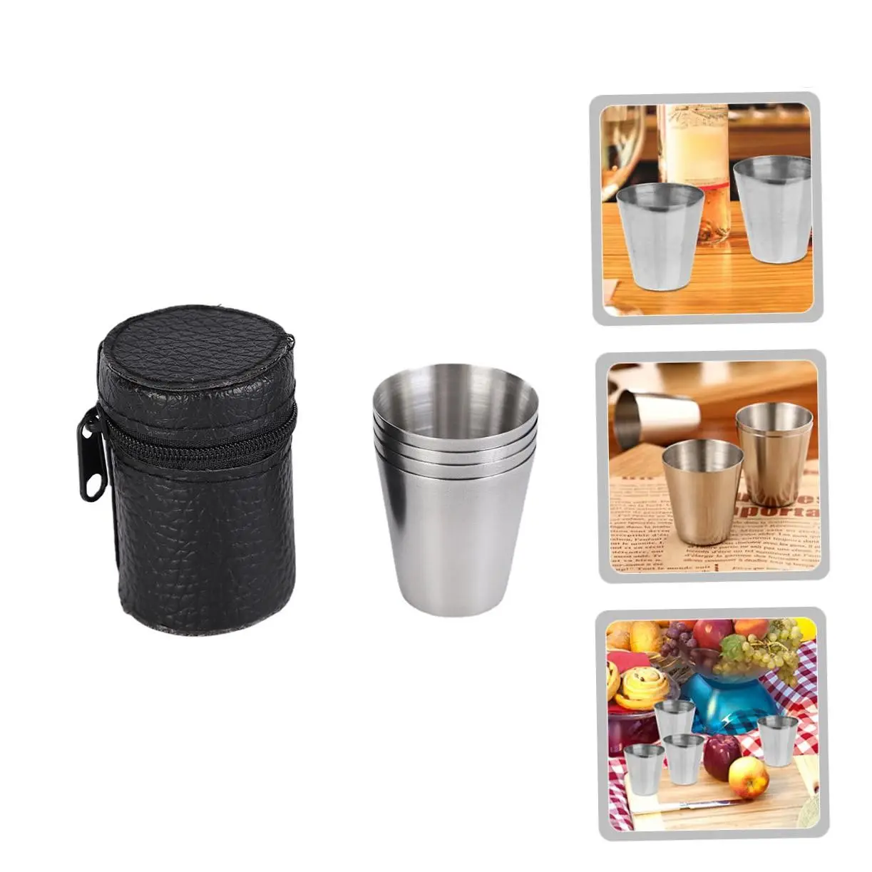 Set of 4 Stainless Steel Cups, Mug, Leather Wine Glasses, Portable Durable Outdoor Camping, Travel Adventure Fishing, Sports Cup for Men and Women