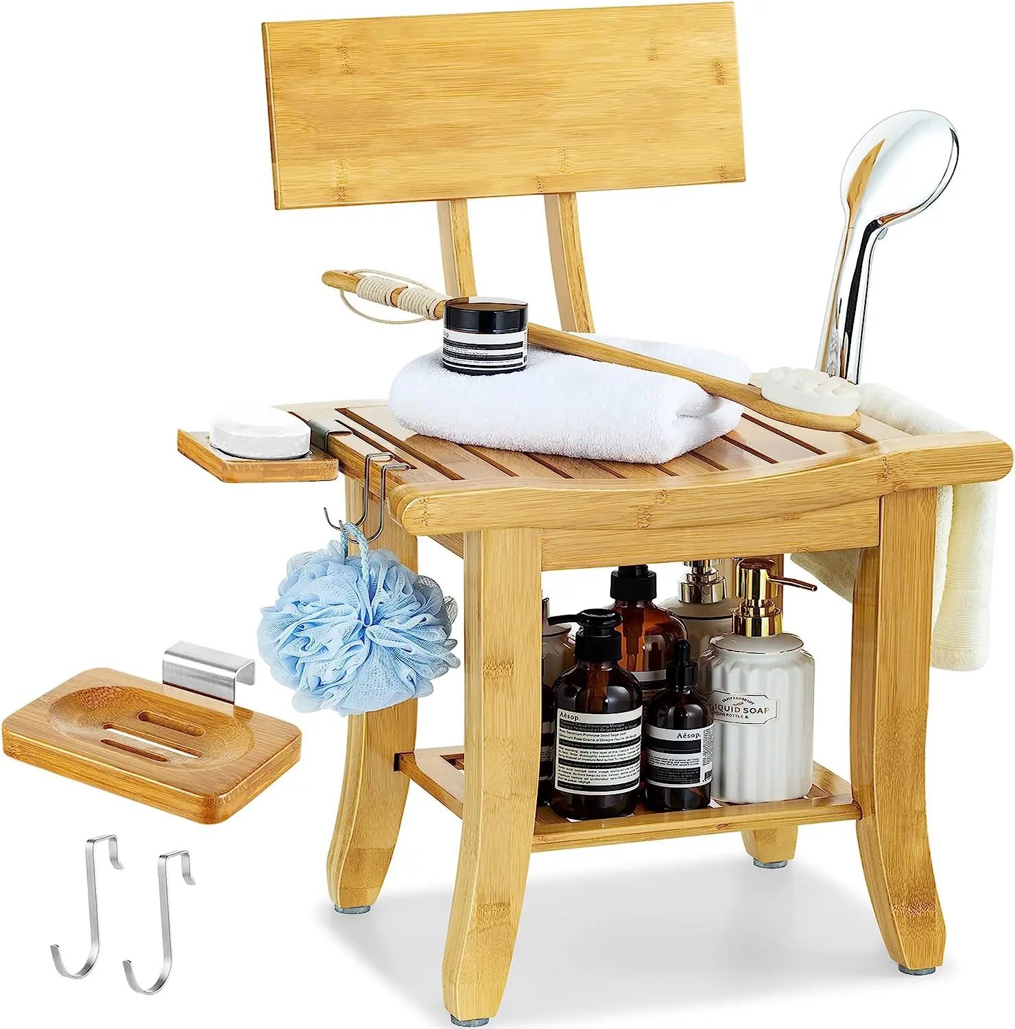 Bamboo Shower Bench with Back and Soap Dish