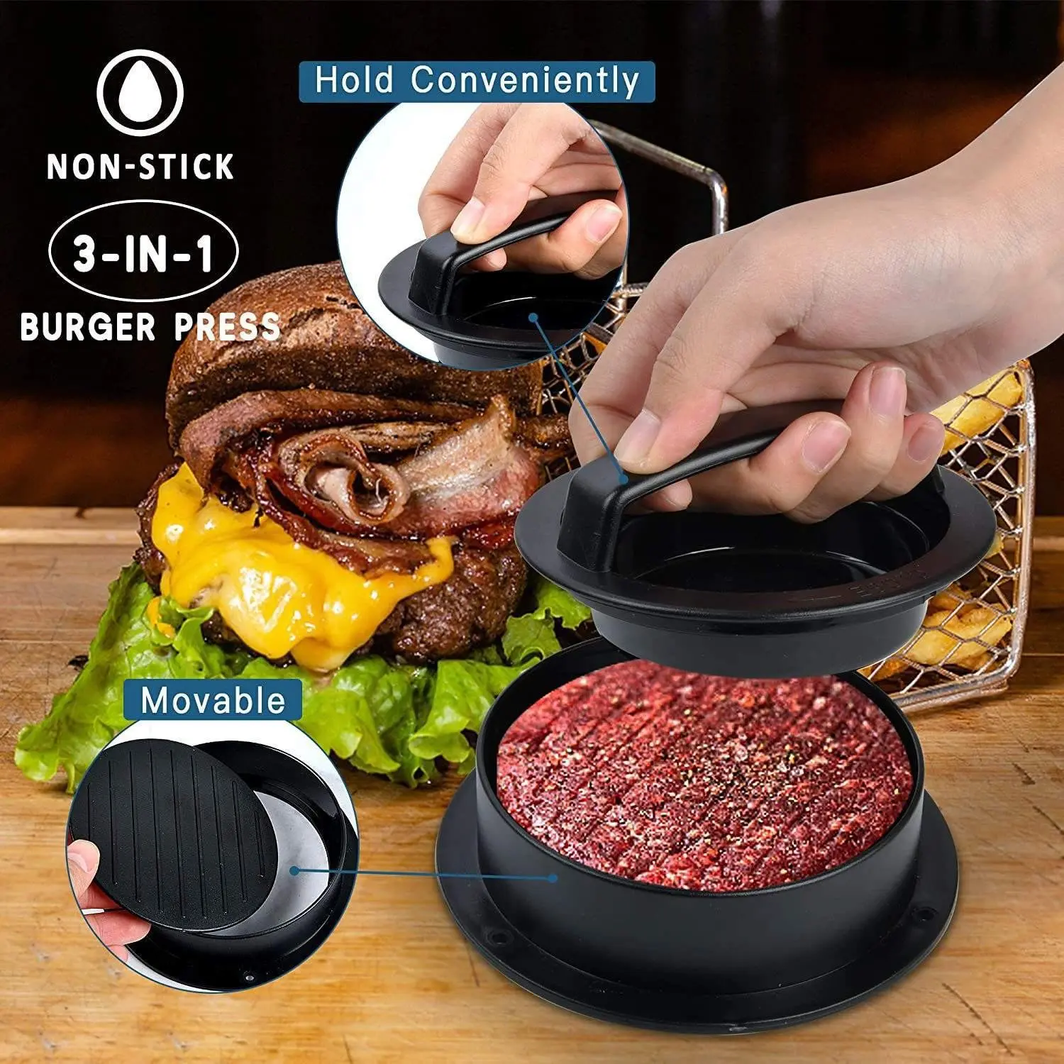 Creative Non-Stick Burger Press Mold Set, Meat Patty Maker for Beef Cheese Veggie Burgers, Outdoor BBQ Kitchen Tool, Grill Accessories