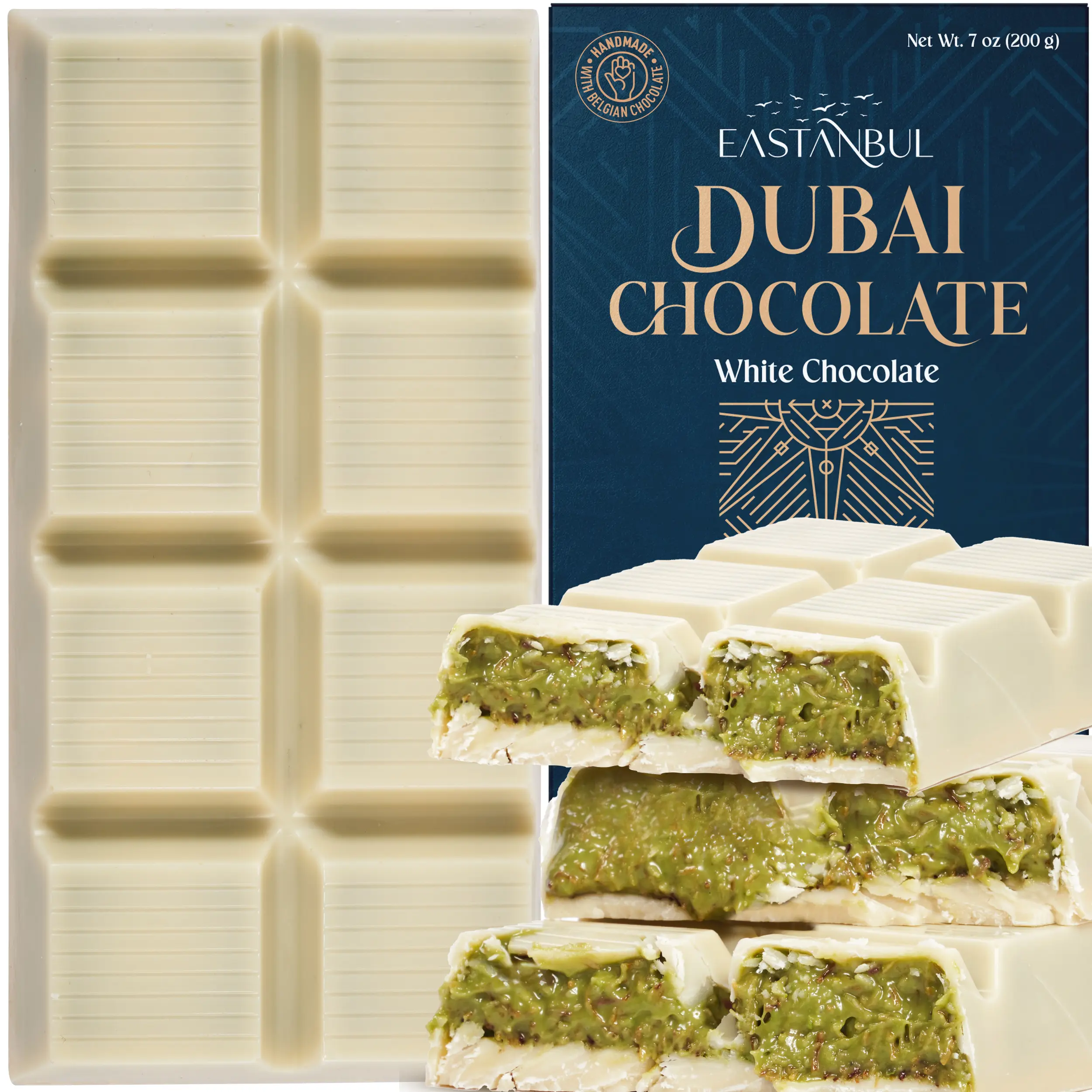 Eastanbul Dubai White Chocolate Bar with Pistachio & Kunafa, 7oz Viral TikTok Chocolate with Phyllo Dough