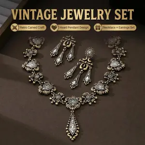 Vintage Victorian Style Jewelry Set, Antique Gold Statement Necklace & Earrings with Heart Charms, Hypoallergenic Alloy Ethnic Party Accessory, Ideal Wedding Guest & Bridesmaid Gift, Trendy Retro Fashion Jewelry for Women