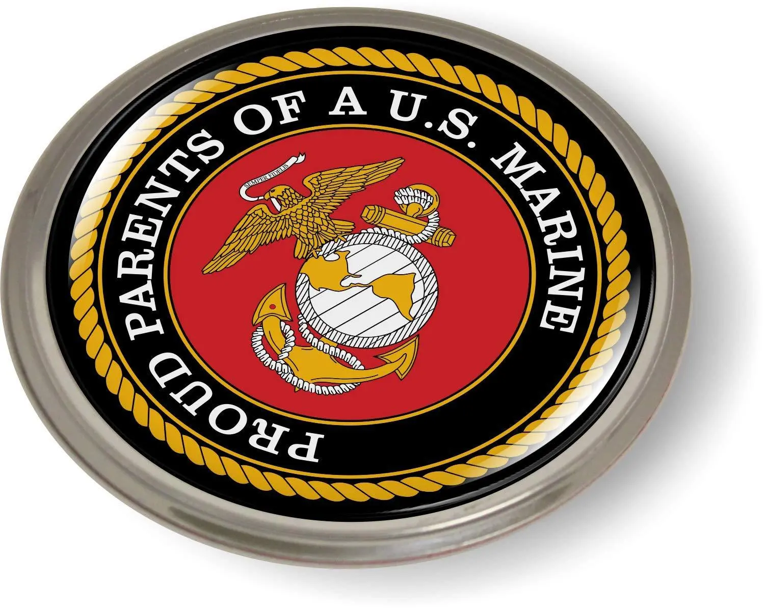 [Officially Licensed USMC] Aluminum Car Emblem Badge Sticker - Custom 3D Domed Round Automotive Accessory, 1/8" Thick, 3" Outside Diameter, UV Resistant, Waterproof, Long Wearing, for U.S. Marine Parents' Vehicles