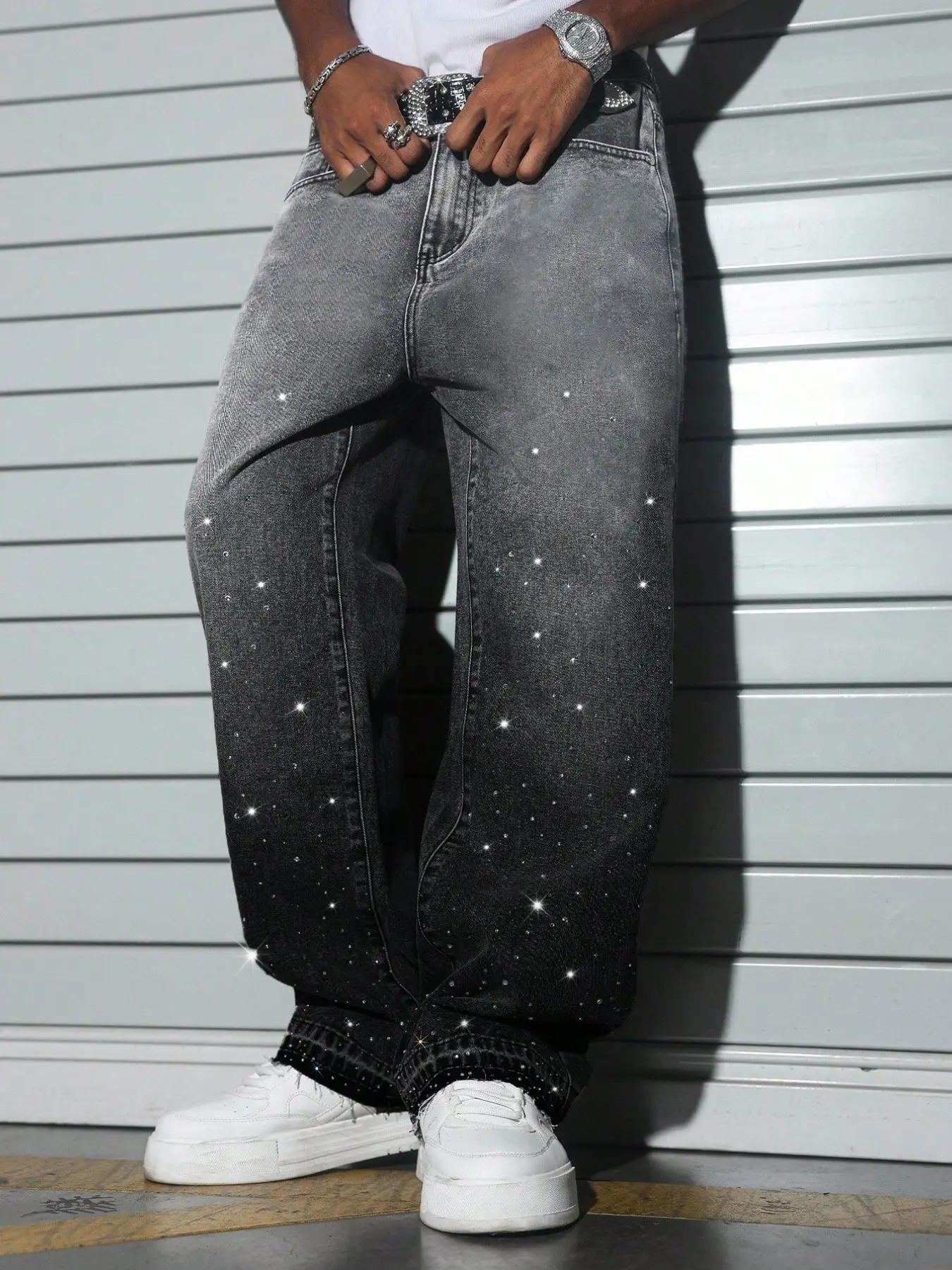 Men's American High Street Fashion Rhinestone Jeans, Distressed Denim Sparkly Loose Fit Straight Leg Pants