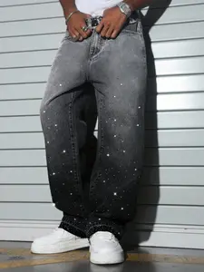 Men's American High Street Streetwear Fashion Rhinestone Jeans, Trendy Distressed Denim, Unique Sparkly Loose Fit Straight Leg Pants
