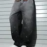Men's American High Street Fashion Rhinestone Jeans, Distressed Denim Sparkly Loose Fit Oversized Straight Leg Pants