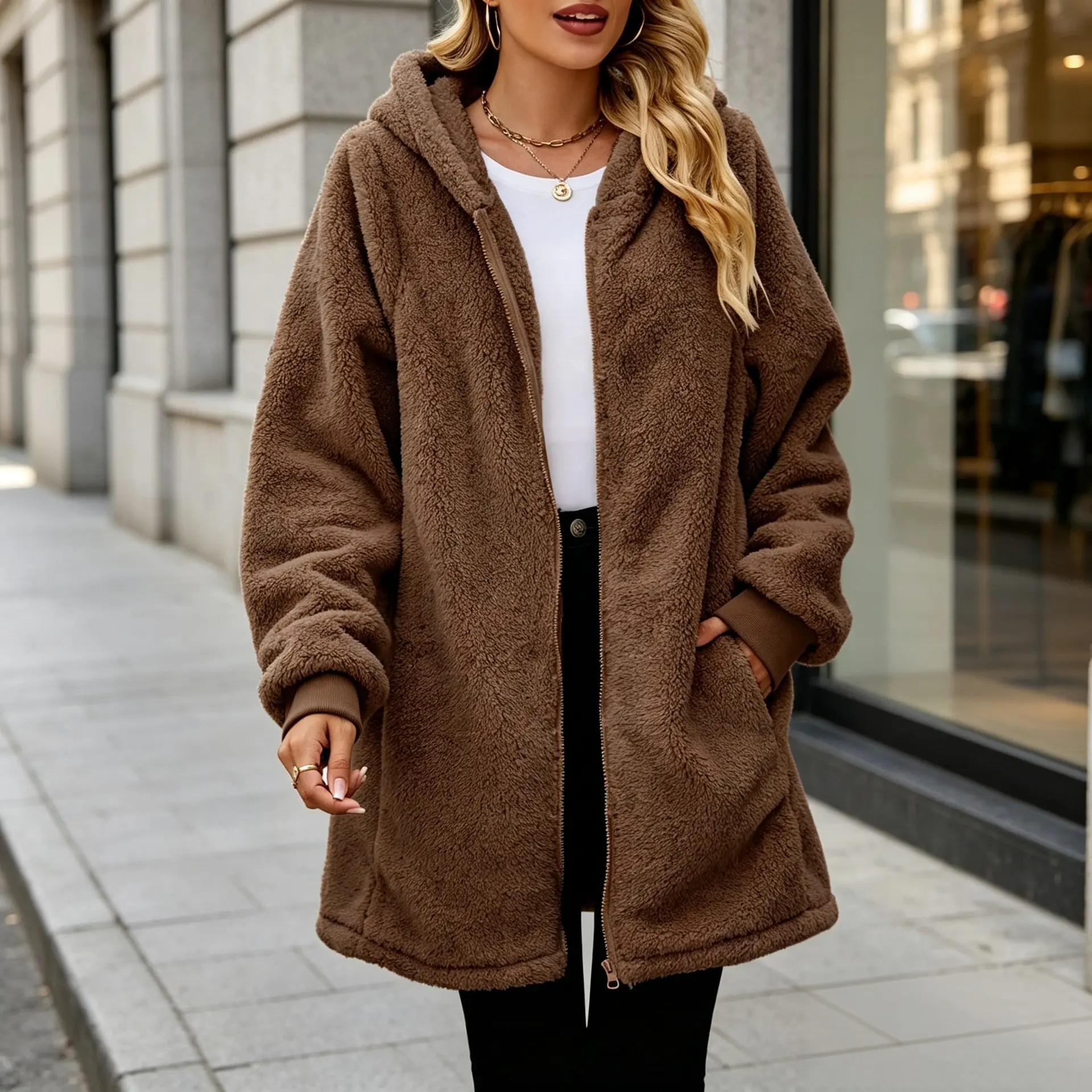Women’s Sherpa Hooded Coat, Mid-Length Full-Zip Fuzzy Teddy Jacket, Long-Sleeve Loose Fleece Outerwear with Pockets, Casual Warm Plush Hoodie Coat for Fall/Winter