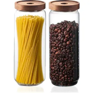 Glass Jars with Airtight Wood Lids 57 OZ Large Tall Kitchen Pantry Storage Containers Decorative Canister for Pasta Spaghetti Fusilli Noodles Coffee Beans Oats Cereal Tea Nuts Set of 2