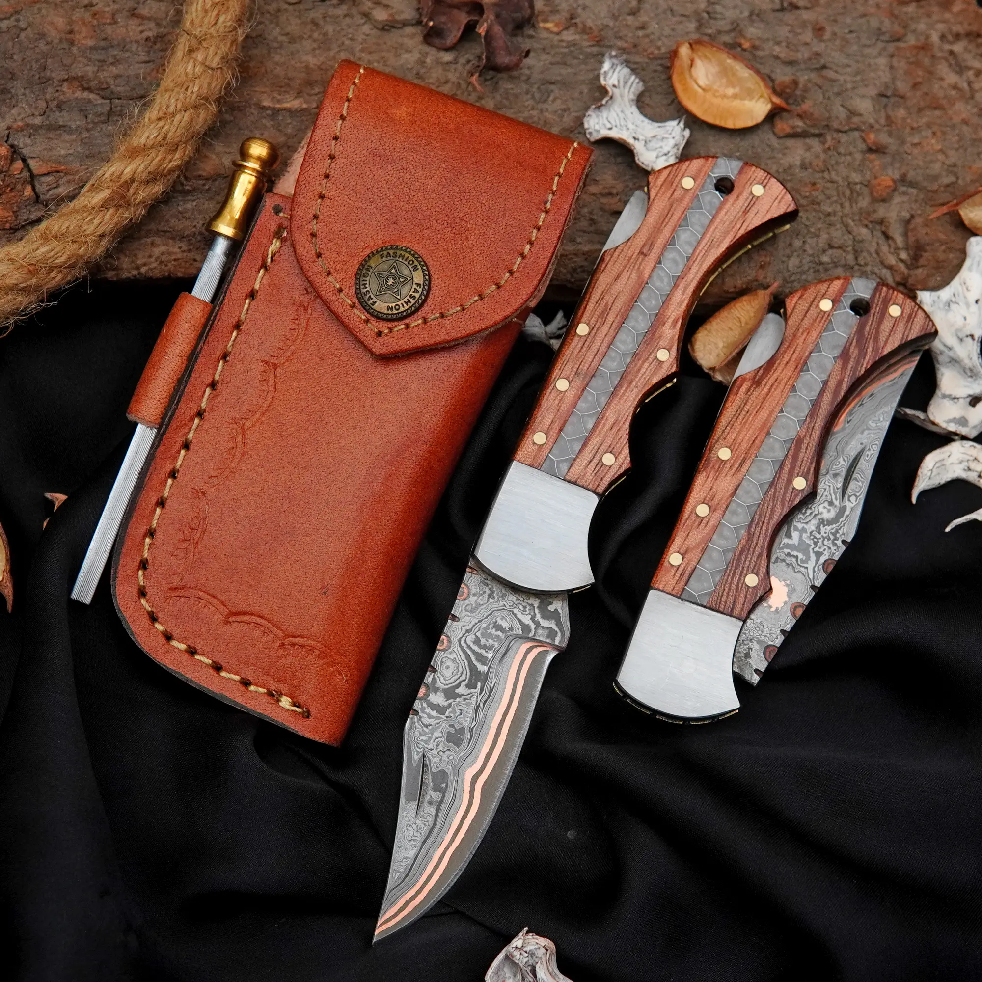 Hand Forged Copper Damascus Pocket Knife | African Wood Folding Knife | Personalized Gift for Men | EDC Hunting Knife