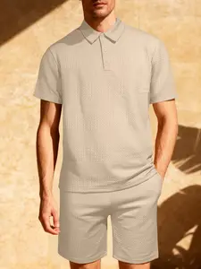 New men's two-piece plain color casual sports Fitted polo shirt and drawstring waist shorts set, casual short-sleeved collarless top and pocket shorts, a full set of men's clothing, summer men's clothing set, Outfit