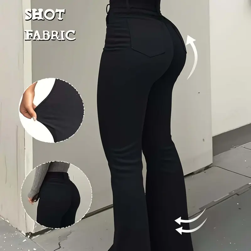 Women's High Waist Flare Trousers, Slim-Fitting Elegant Pants for All Seasons, Stylish Plain Design for Modern Women, Casual Fitted Trousers
