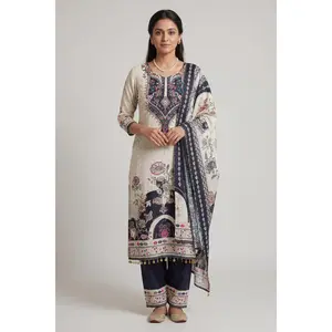 Light Cream Designer Crepe 3-Piece Salwar Suit with Mirror & Stone Work - Kurti, Pant & Cotton Dupatta