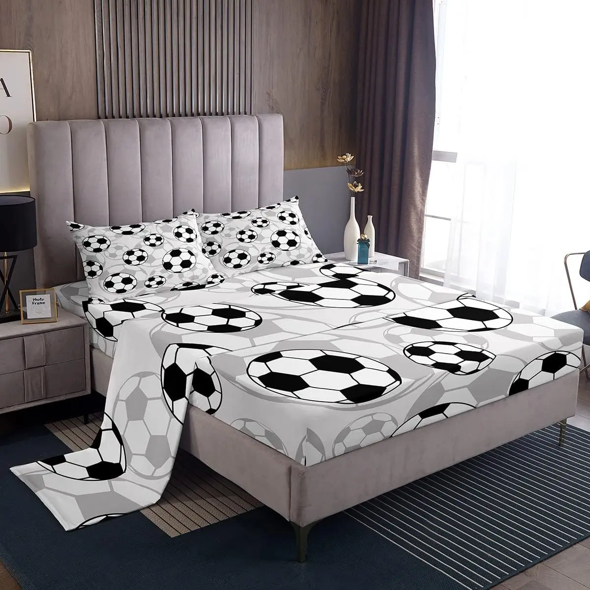 Feelyou Microfiber Football Bedding Sheet Set - Breathable Soft Bedroom Bedding Set with Soccer Ball Sports Fitted Sheet, Competition Games Themed Bed Cover, Breathable Bedding Set,summerwins