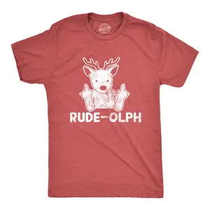 Mens Rude-olph T Shirt Funny Christmas Rudolph The Reindeer Middle Finger Tee Mens Funny T Shirts Cool Vintage Fashion T-Shirt Gift Classic Menswear Christmas Apparel for Men Novelty Tees for Guys Red
