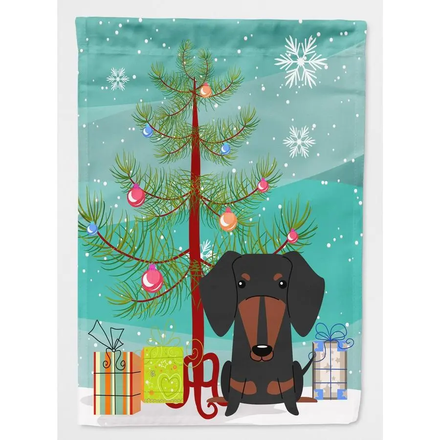 Merry Christmas Themed Black & Tan Dachshund Rectangular Fabric Garden Flag, Fabric Flag