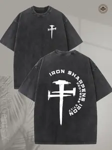 Men'S Vintage-Inspired Cotton T-Shirt with Cross & Nail Print, 230G Washed Cotton, Casual Summer Short Sleeve Tee for Streetwear, Outdoor Activities, and Travel - Regular Fit, All-Season Wear, Everyday Tshirt | Vintage Streetwear | Cotton T