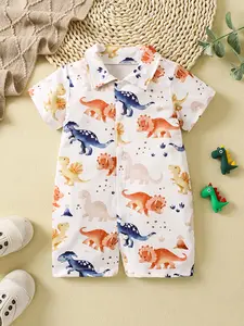 Spring Summer New Full Print Cartoon Dinosaur Onesie Bodysuit, Baby Boy Girl, 2026 Newborn Crawling Suit, Blue Color