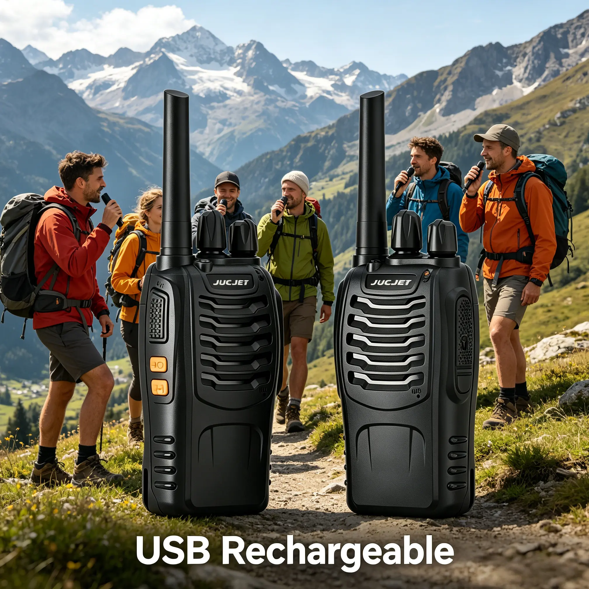 2-Pack Rechargeable UHF Walkie Talkies, 16CH with Type-C Charging Station & Earpieces, Audio Transceivers for Camping, Hiking, Roadtrip, Adults, School, Warehouse, Hotel Use