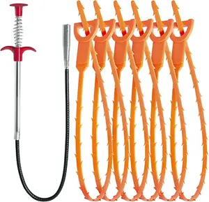 Hair Drain Clog Remover Tool – 6 × 25-Inch Sink Snake + 1 × 24-Inch Drain Cleaner Tool, Plumbing Snake for Shower, Toilet, Kitchen Sink & Tub – 7-Piece Hair Removal Tool Set