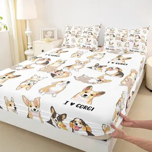 Feelyou 3D Print Fitted Sheet - Kawaii Vibrant Corgi Cartoon, Deep-Pocket White & Yellow, 3d Bright Cartoonish Comfortable Decorated Bedding for Kids' Bedroom (Not a Flat Sheet), 3D Fitted Sheets, Bright Fitted Sheets