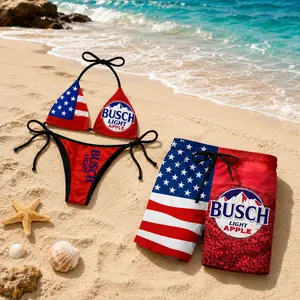 Busch Light Apple Matching Couple Swimwear Set, USA Flag Bikini & Men’s Beach Shorts, Patriotic Summer Pool Outfit