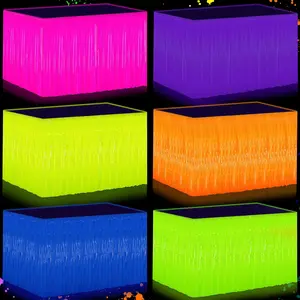6Pack Glow in the Dark Neon Tinsel Fringe Table Skirts 31.5"x118" UV Reactive Fluorescent Neon Streamers Party Decoration Supplies for Birthday, Rave, Blacklight & Glow Event
