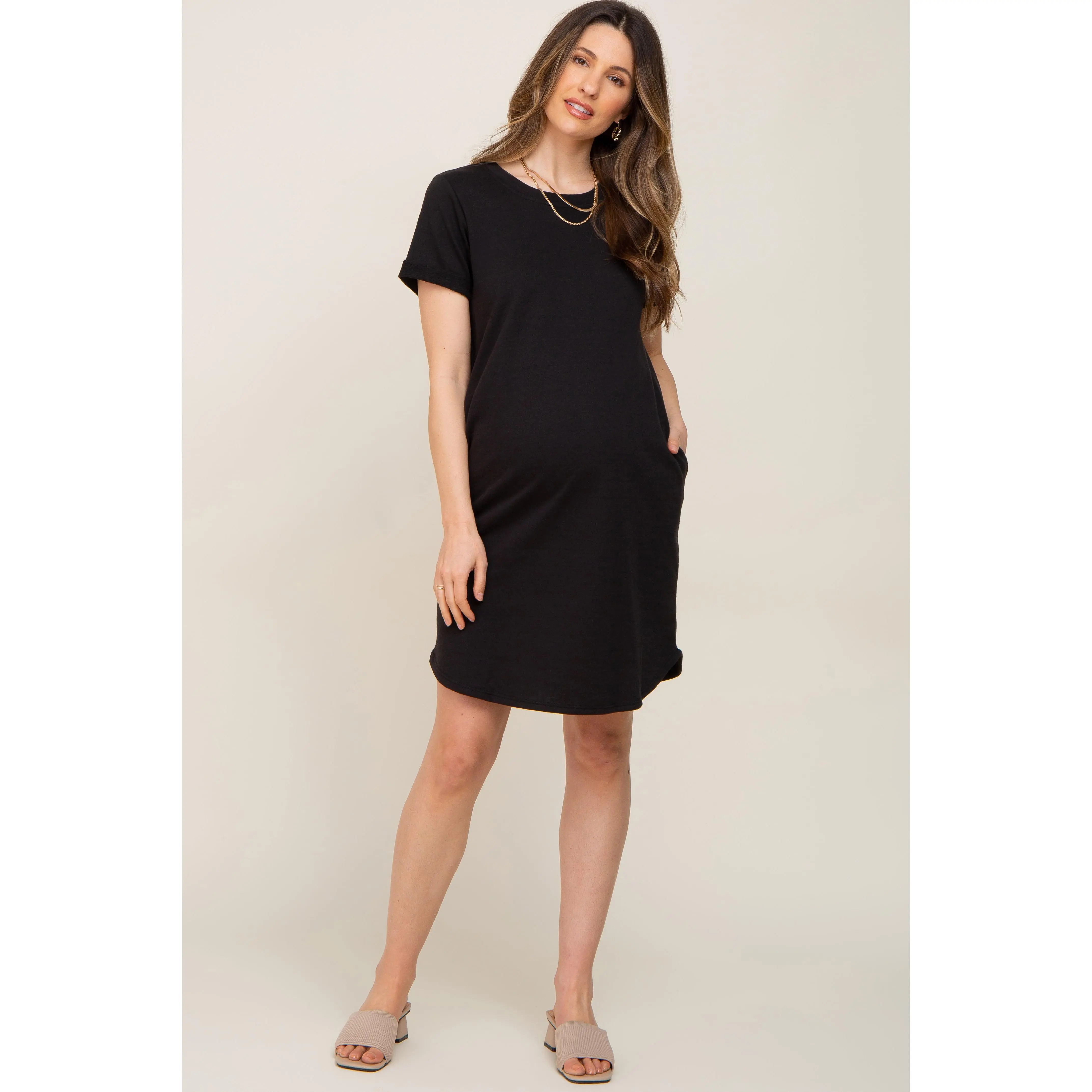 Black French Terry Cuffed Short Sleeve Maternity Dress