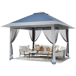 13x13 Pop Up Metal Frame Canopy, Outdoor Steel Frame Sun Shelter with Mesh Netting, Double Vented Roof, Adjustable Heights, Easy Setup Waterproof Party Tent for Backyard & Patio, Sturdy Khaki Metal Structure,summervibes